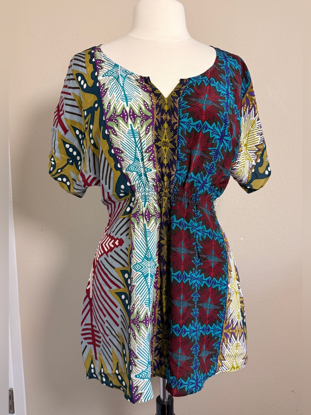 Silk Geometric Print Dolman Tunic Top Size S, Tribal Boho Resort Festival